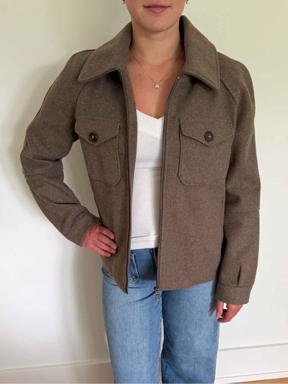 Avec Les Filles Taupe Wool-Look Utility Moto Jacket - Size Medium